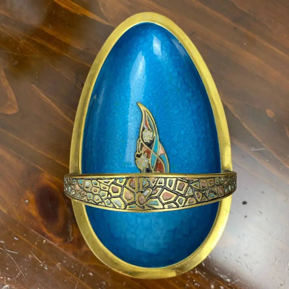 Vintage MCM Judaica Brass Blue Enamel Pedestal Bowl Handmade In Israel Decor
